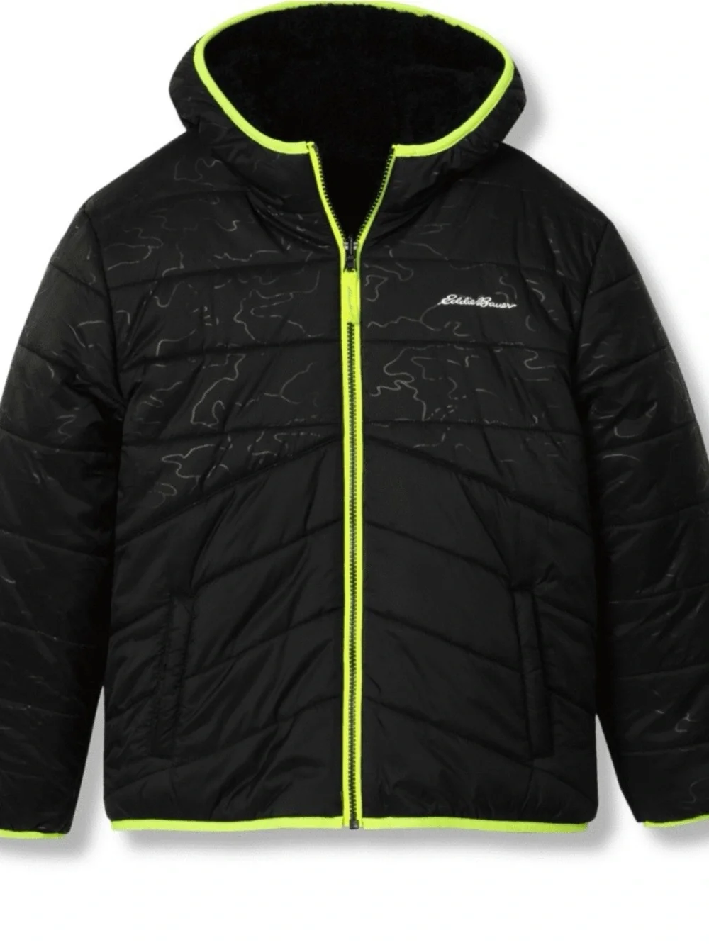 Eddie Bauer Black Puffer Jacket with Neon Lime Trim